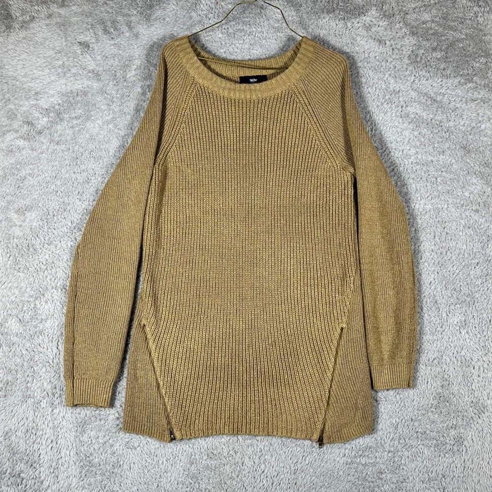 Mossimo Sweater Womens Medium Tan Ribbed Knit Side Zip Tunic Pullover